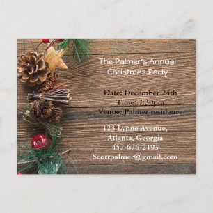 wooden background with pine cones invitation postcard