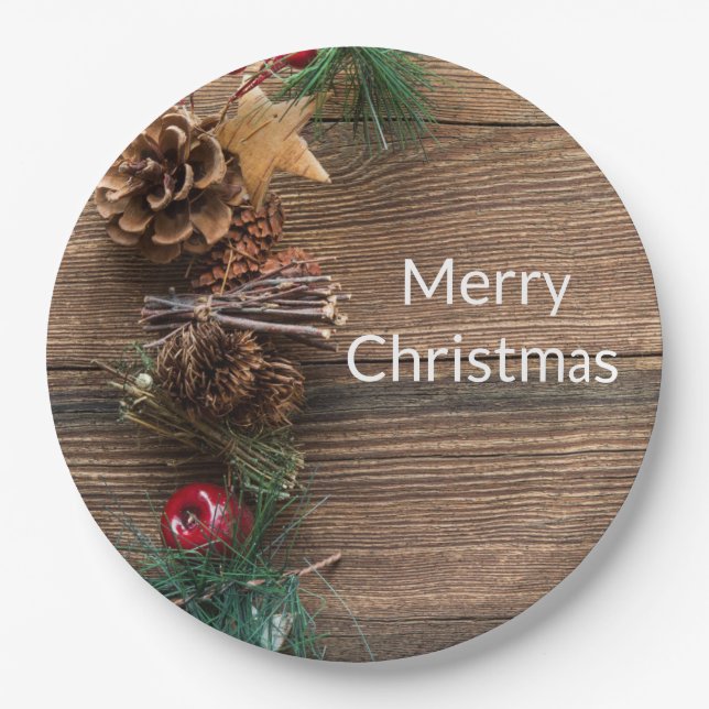 wooden background with pine cones paper plate (Front)