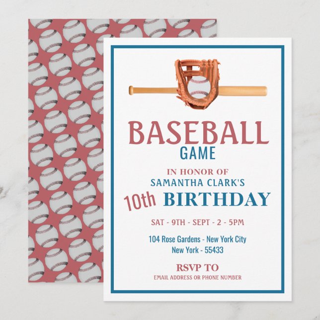 Wooden Baseball Bat, Baseball Game Birthday Party Invitation (Front/Back)