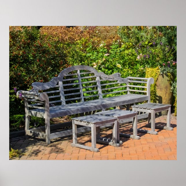 Wooden Bench in Lush Garden Poster (Front)