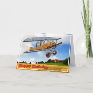Wooden Biplane Over Fields Happy Birthday Card