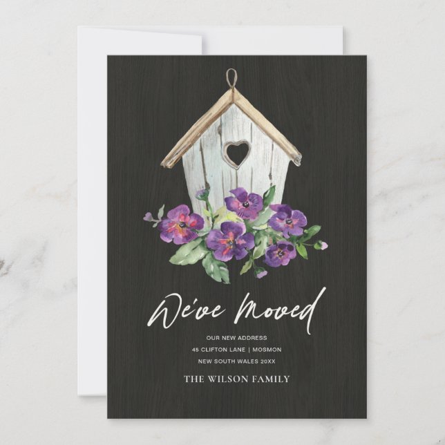 WOODEN BLACK FLORAL BIRD HOUSE MOVING NEW ADDRESS ANNOUNCEMENT (Front)