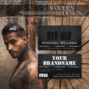 Wooden Boards Black Wood Grain Look White Monogram Business Card