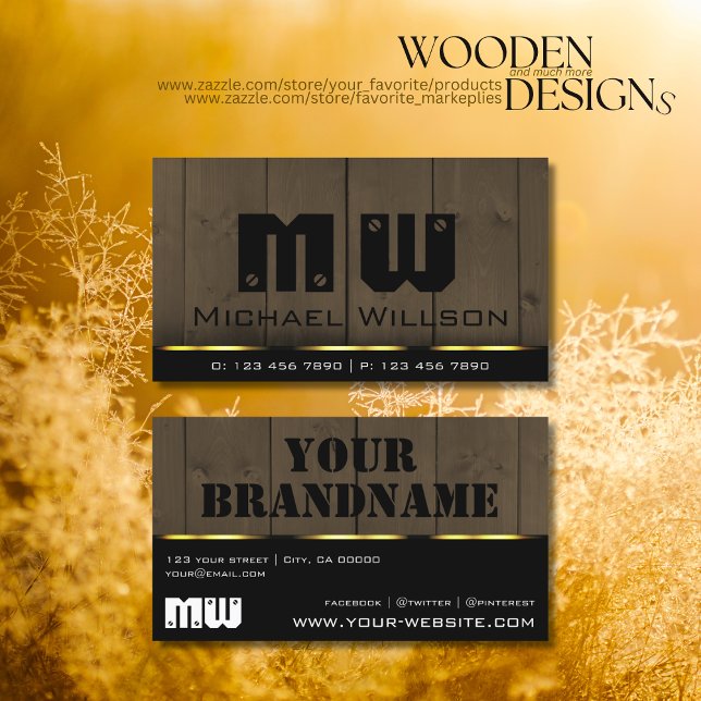 Wooden Boards Dark Brown Wood Grain with Monogram Business Card (Creator Uploaded)