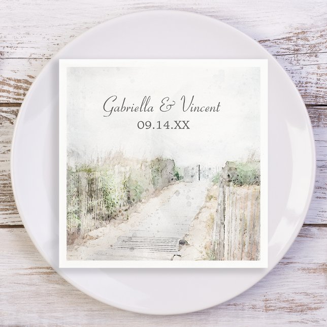 Wooden Boardwalk to the Beach Wedding Napkin (Set the table at your beach party bridal shower or marriage reception with these coastal napkins.)