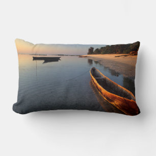Wooden boats on Tondooni Beach Lumbar Pillow