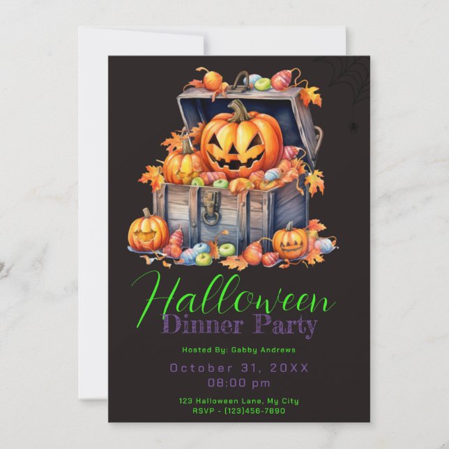 Wooden Box of Candy Black Halloween Dinner Party Invitation (Front)