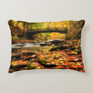Wooden Bridge and Creek in Fall Accent Pillow