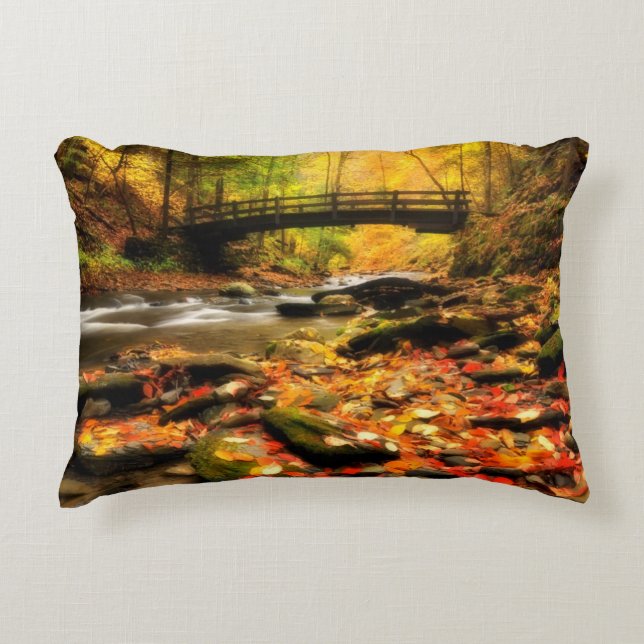 Wooden Bridge and Creek in Fall Accent Pillow (Front)
