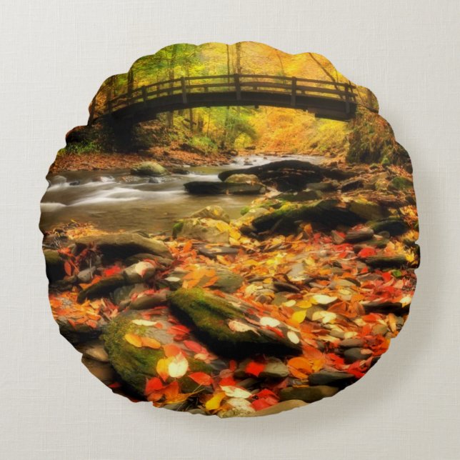 Wooden Bridge and Creek in Fall Round Pillow (Front)