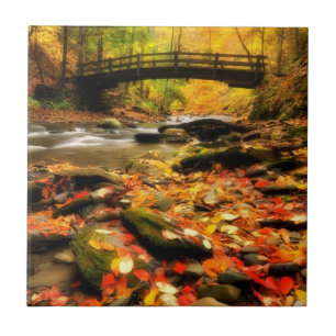 Wooden Bridge and Creek in Fall Tile