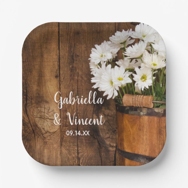 Wooden Bucket White Daisies Country Barn Wedding Paper Plate (Front)