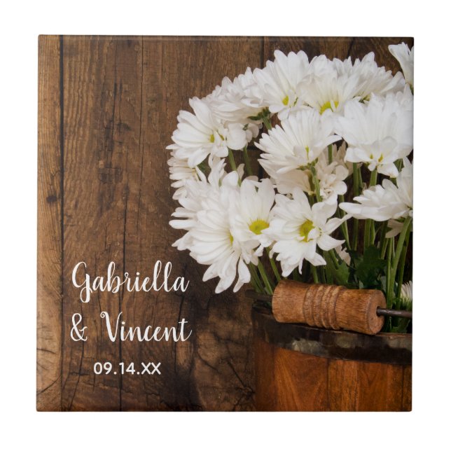 Wooden Bucket White Daisies Country Barn Wedding Tile (Front)