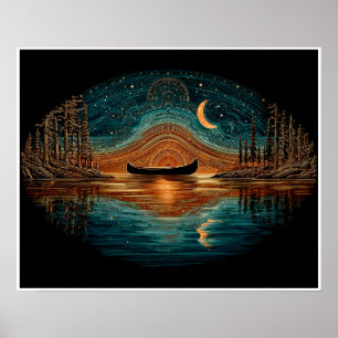 Wooden canoe and crescent moon in the North Woods Poster
