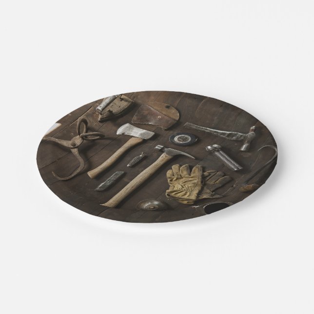 wooden carpentry handyman tools collection paper plate (Angled)