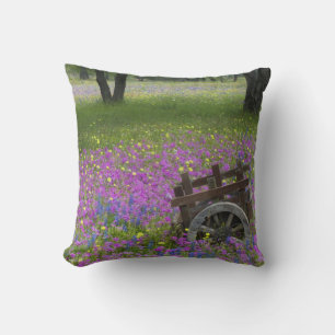 Wooden Cart in field of Phlox, Blue Bonnets Throw Pillow