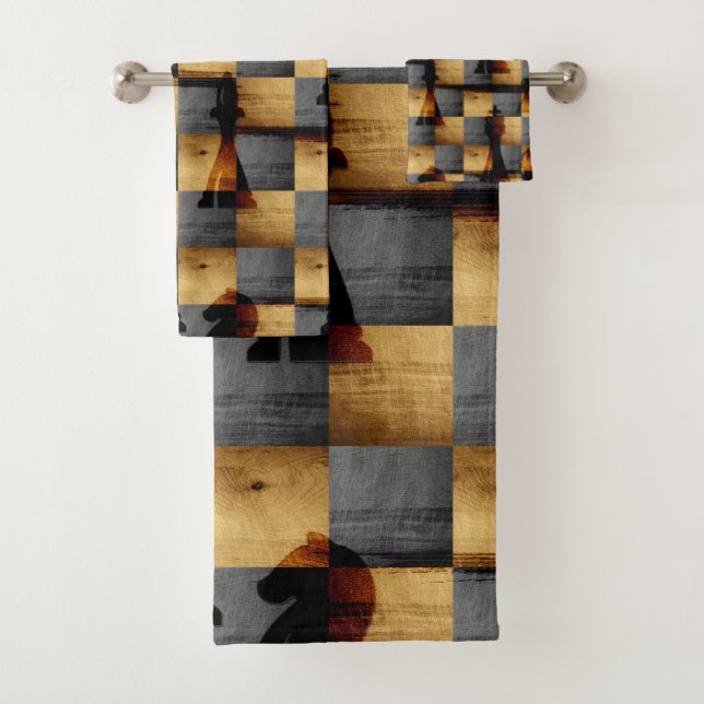 Wooden Chessboard and Chess Pieces  pattern Bath Towel Set (Insitu)