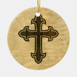 Wooden Christian Cross Fleury Rosewood on Maple Ceramic Ornament