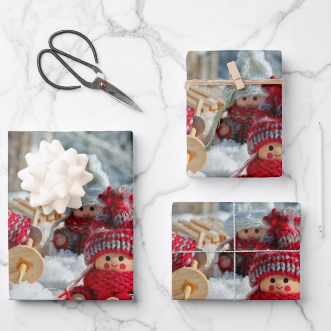 Wooden Christmas Figurines Wrapping Paper Sheet (Front)