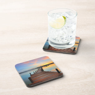 Wooden Dock Seascape in Colourful Sunset Coaster