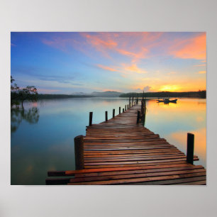 Wooden Dock Seascape in Colourful Sunset Poster