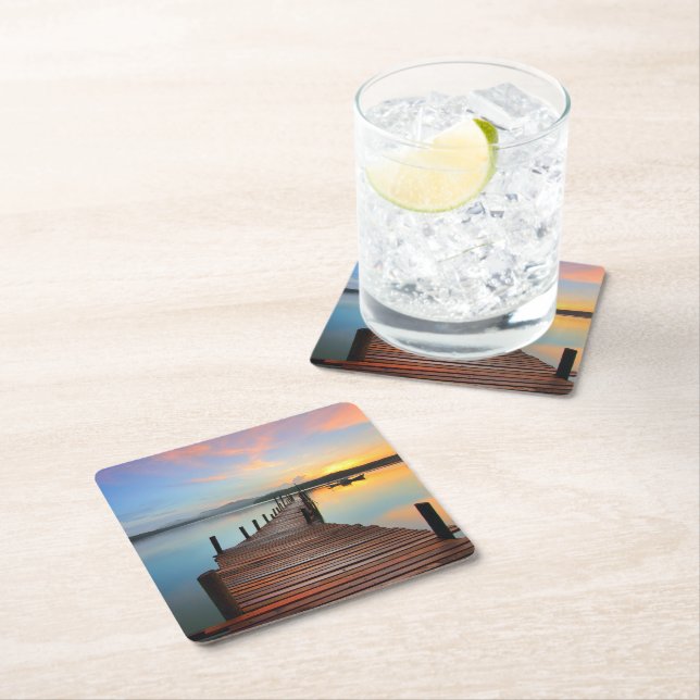 Wooden Dock Seascape in Colourful Sunset Square Paper Coaster (Insitu)