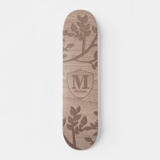 Wooden engraved leaves vintage name monogram  skateboard