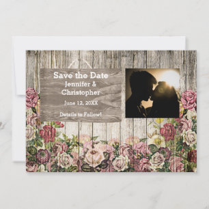 Wooden Fence with Painted Roses Couple Photo Save The Date