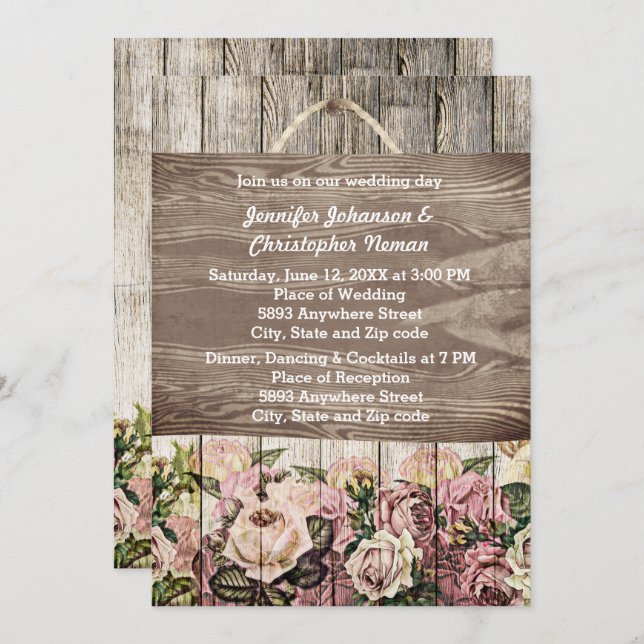 Wooden Fence with Painted Roses Wedding Invitation (Front/Back)
