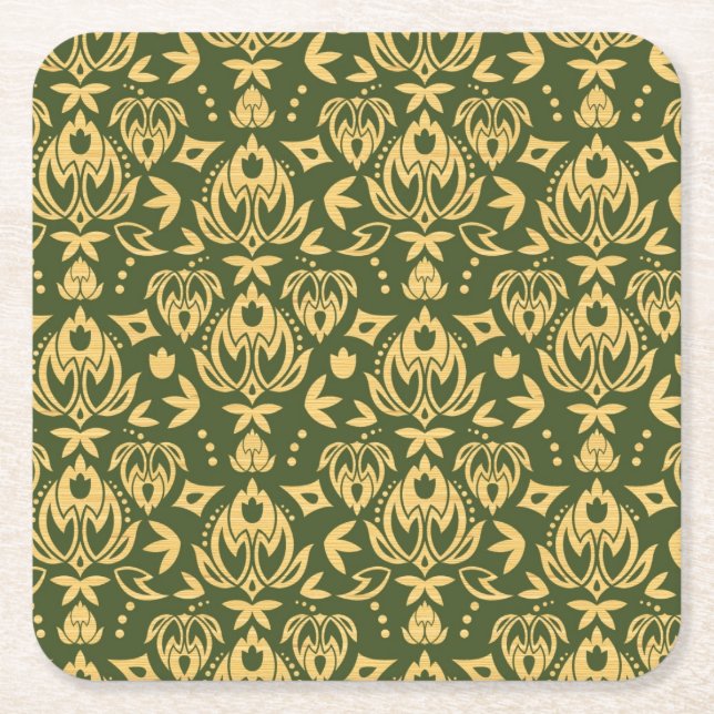 Wooden floral damask pattern background square paper coaster (Front)