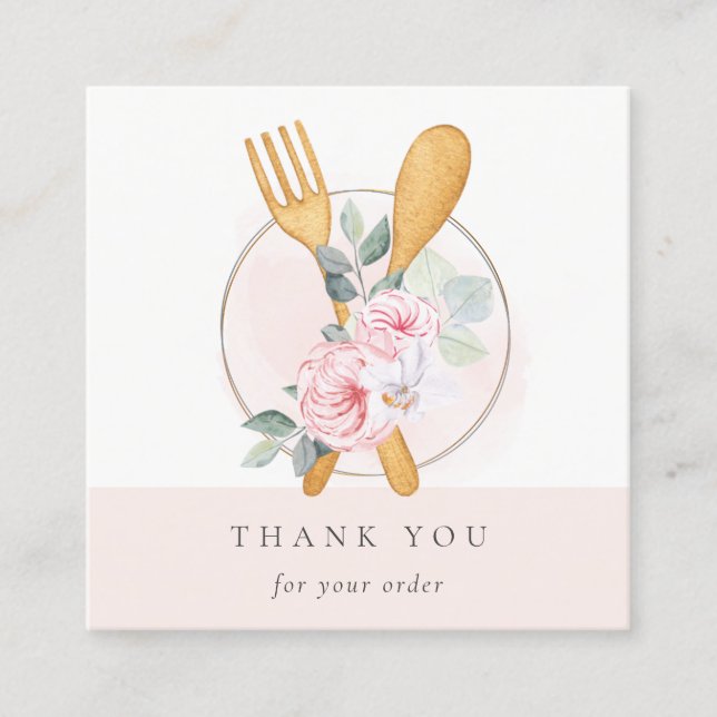 Wooden Fork Spoon Blush Floral Chef Thank You Square Business Card (Front)