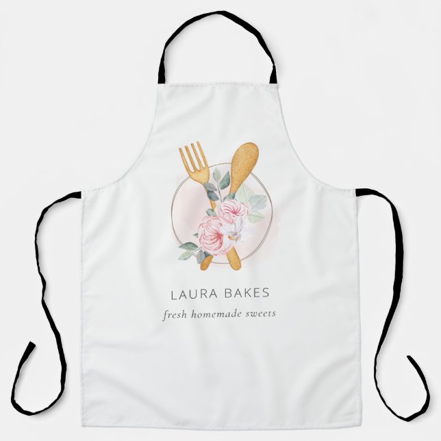 Wooden Fork Spoon Blush Pink Floral Chef Baker Apron (Front)
