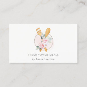 Wooden Fork Spoon Blush Pink Floral Chef Logo Business Card