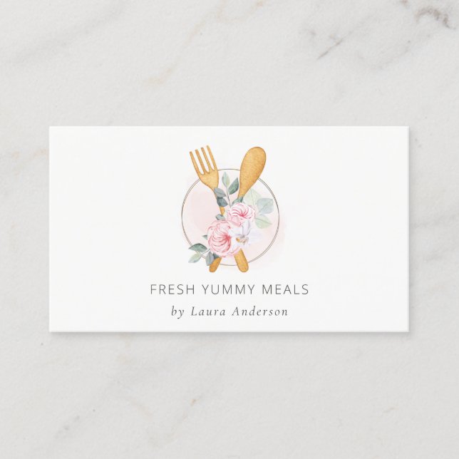 Wooden Fork Spoon Blush Pink Floral Chef Logo Business Card (Front)