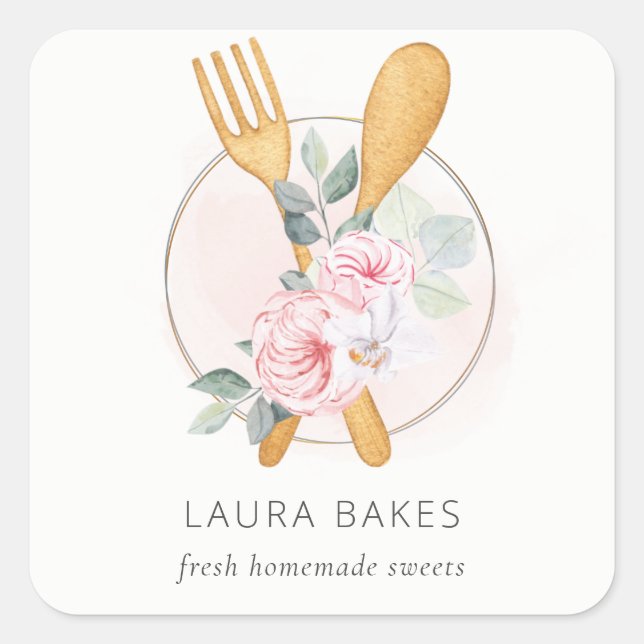 Wooden Fork Spoon Blush Pink Floral Chef Logo Square Sticker (Front)