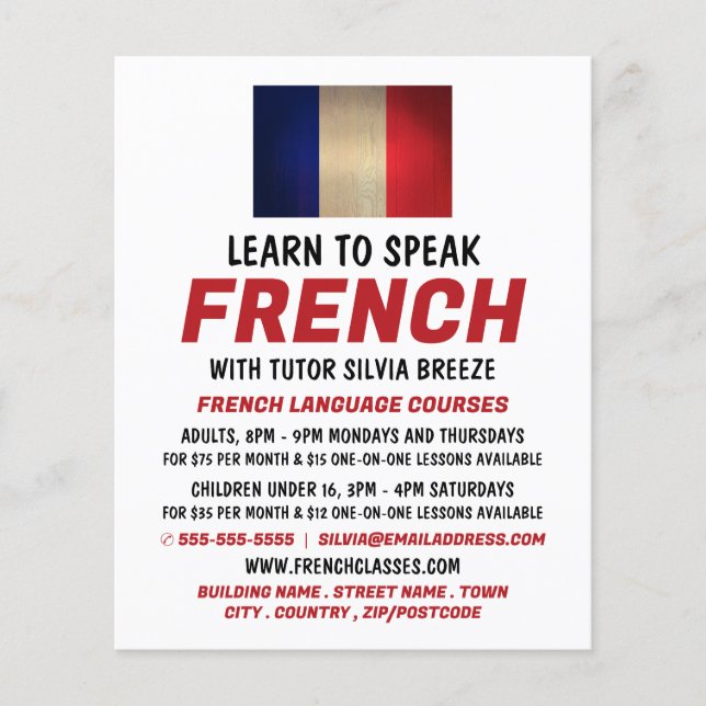 Wooden French Flag, French Language Course Advert Flyer (Front)