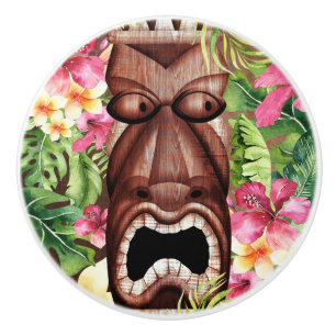 Wooden Hawaiian Tiki Luau Island Summer Floral Ceramic Knob