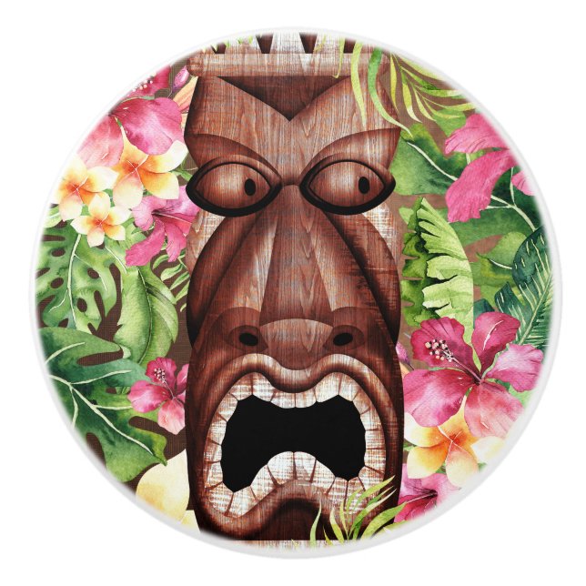 Wooden Hawaiian Tiki Luau Island Summer Floral Ceramic Knob (Front)