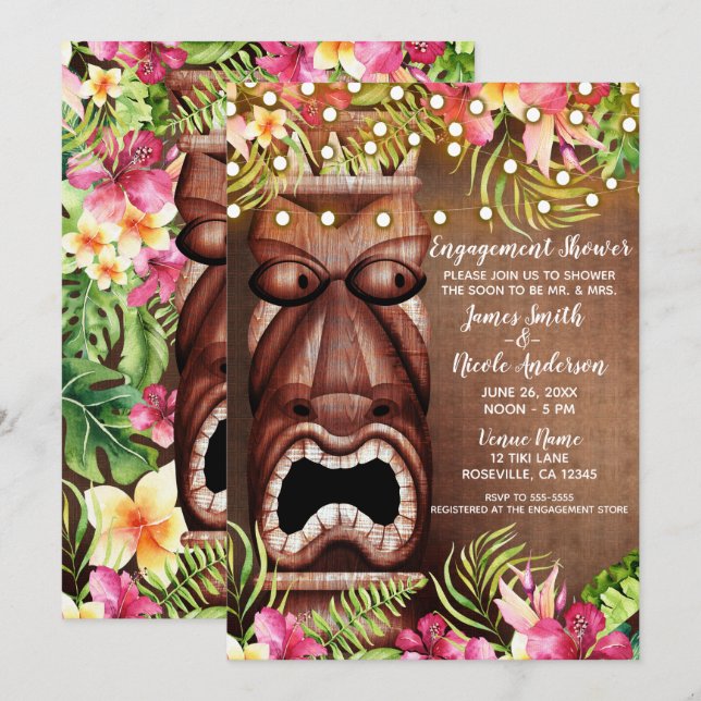 Wooden Hawaiian Tiki Luau Summer Engagement Shower Invitation (Front/Back)