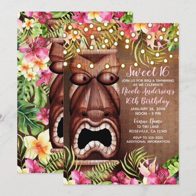 Wooden Hawaiian Tiki Luau Summer Sweet 16 Party Invitation (Front/Back)