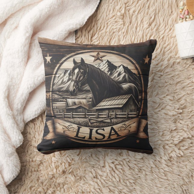 Wooden Horse Carving With Mountain Background Throw Pillow (Blanket)