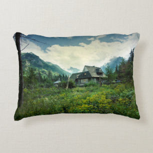 Wooden house, mountain nature scenery. accent pillow