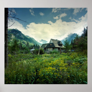 Wooden house, mountain nature scenery. poster