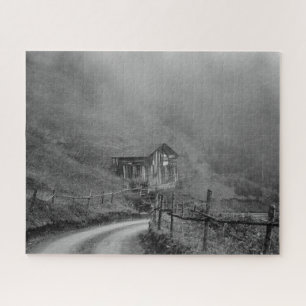 Wooden hut in nature/fog at mountain jigsaw puzzle