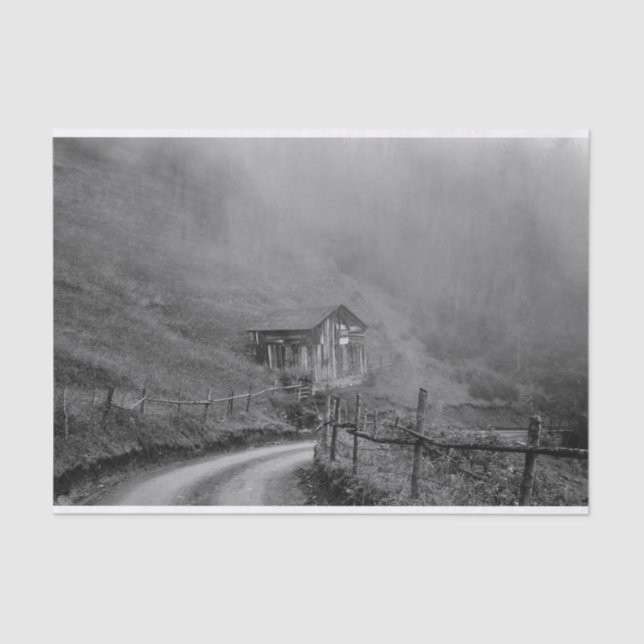 Wooden hut in nature/fog at mountain tissue paper (Front)