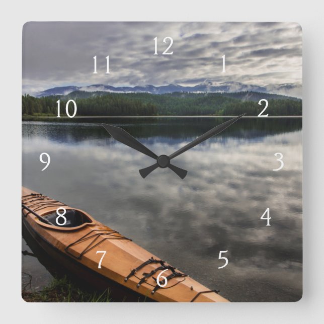 Wooden kayak on shore of Beaver Lake Square Wall Clock (Front)