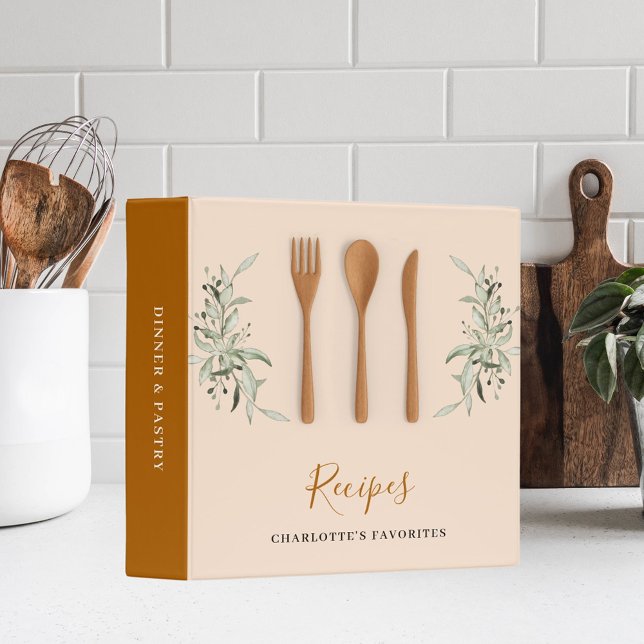 Wooden kitchen utensils rustic greenery recipe binder (Creator Uploaded)
