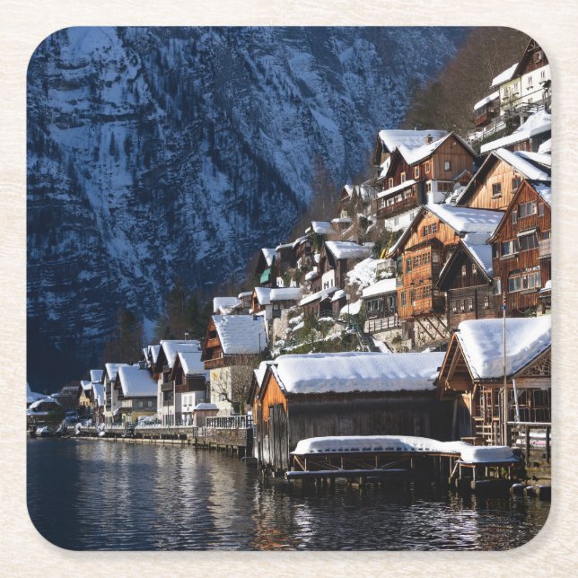Wooden lakeside houses in Hallstatt, Austria Square Paper Coaster (Front)
