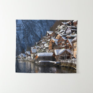 Wooden lakeside houses in Hallstatt, Austria Tapestry
