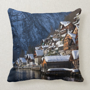 Wooden lakeside houses in Hallstatt, Austria Throw Pillow
